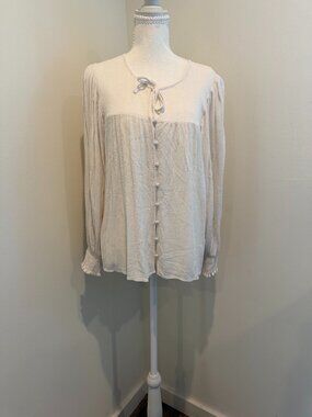 Z Supply Cream Ivory Boho Peasant Blouse - Long Sleeve Tie Neck, Size S‎